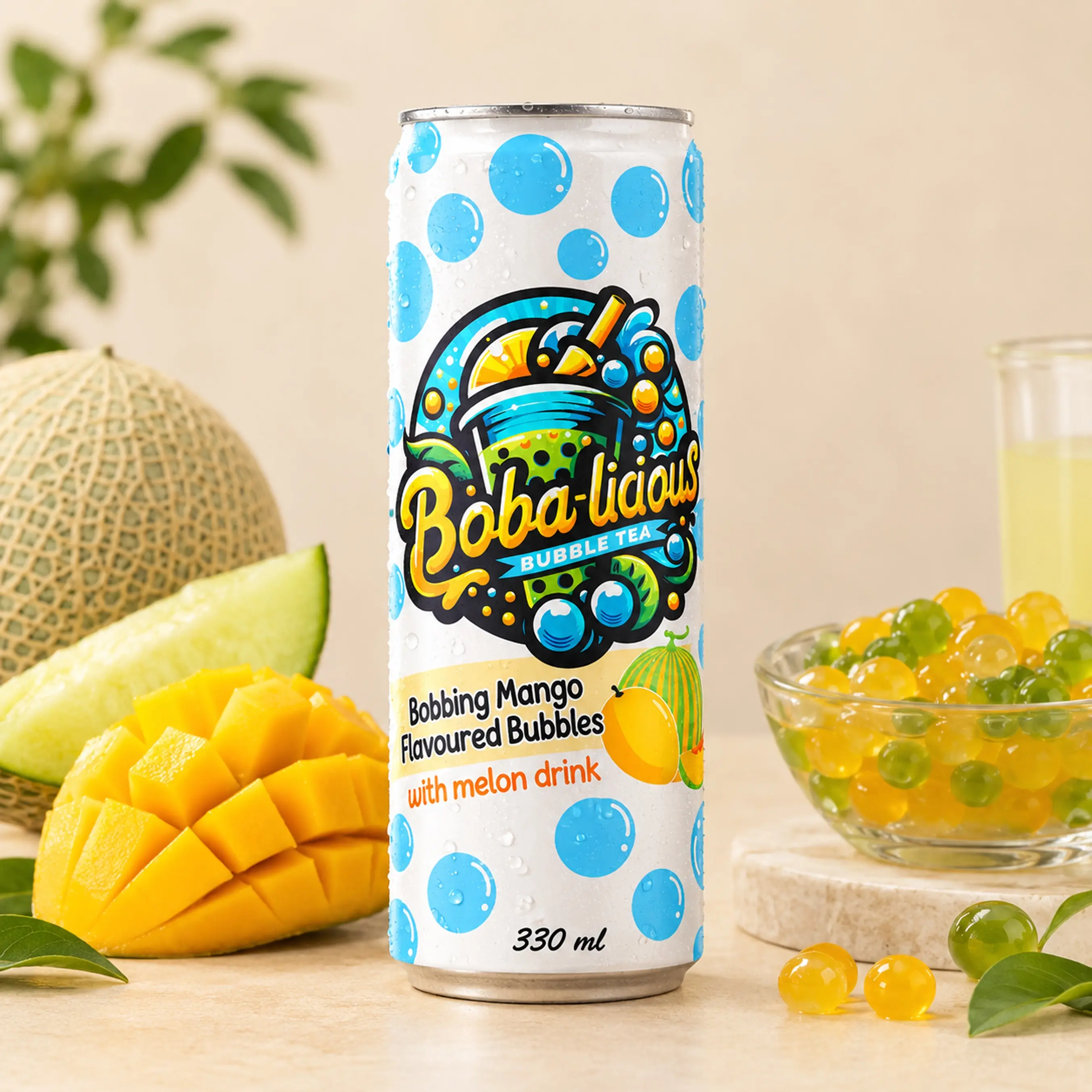 BUBBLE TEA Boba-licious Mango 330 ml can with mango flavoured bubbles, melon drink, fresh mango, melon and popping boba.